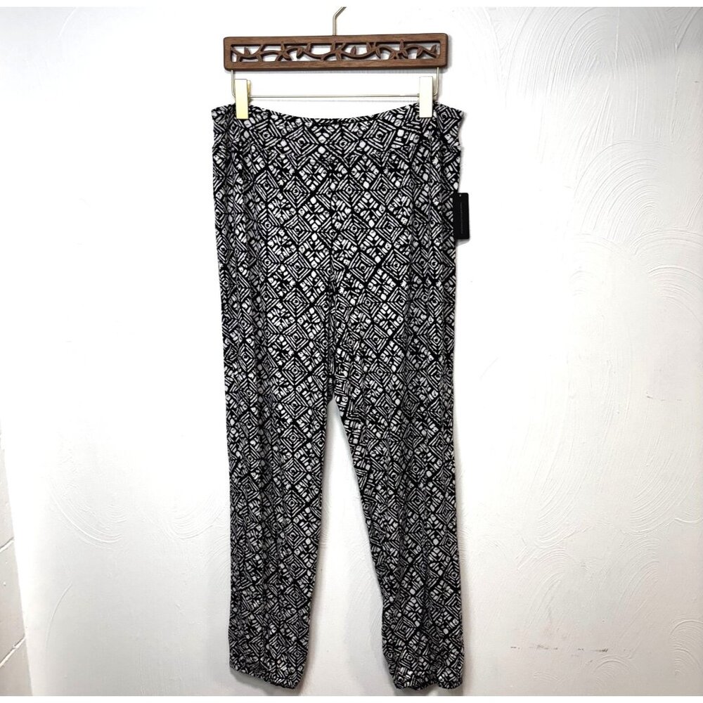 New Artsy Comfort Pants Casual Elastic Hem Black Geometric Lightweight Relaxed